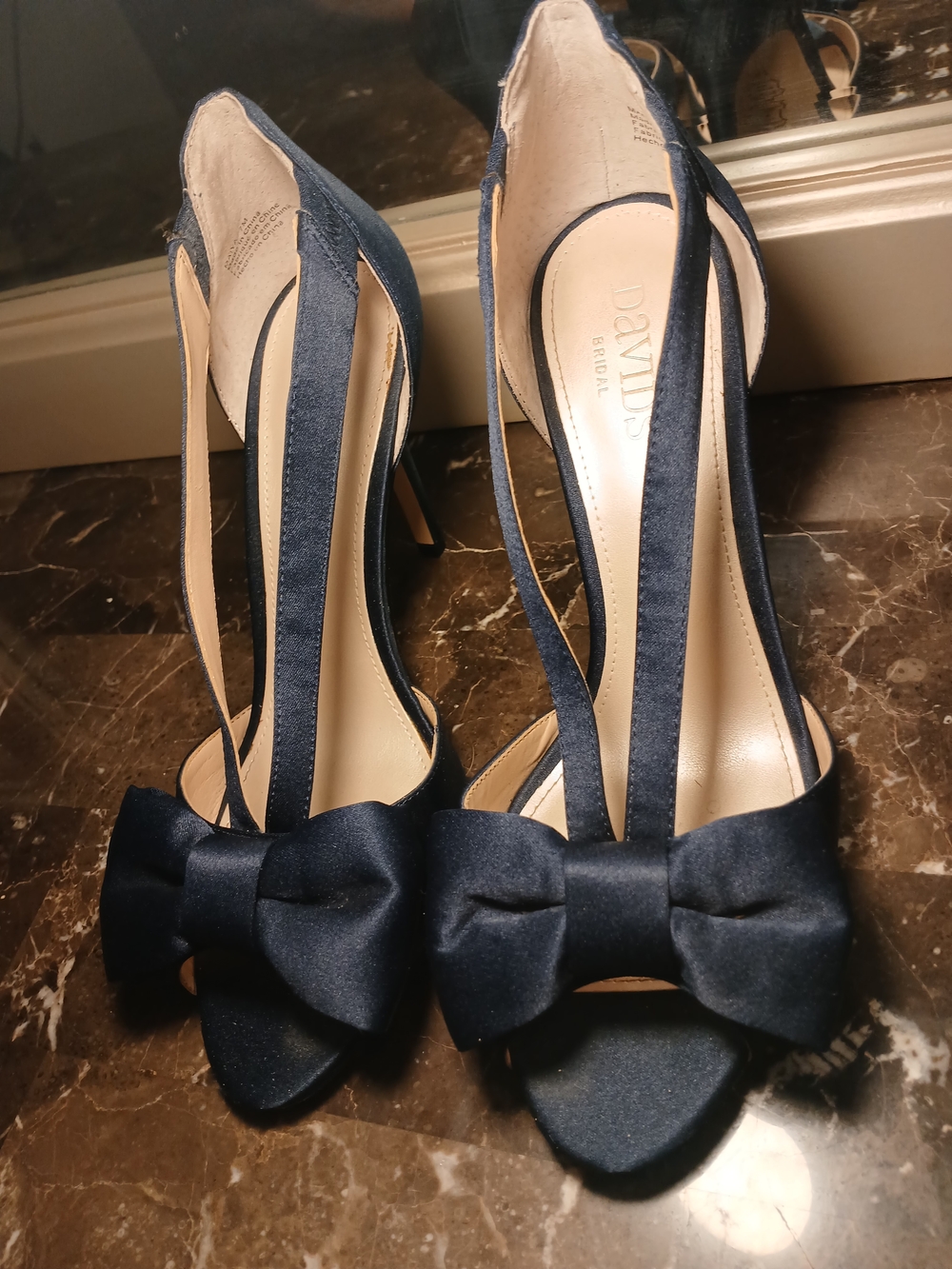 David's Bridal Navy Satin Bow Peep-Toe Heels - Picture 2 of 14